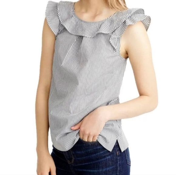 J. Crew Tops - J Crew Flutter Top Womens 10 Gray White Striped Ruffle Poplin Shirt